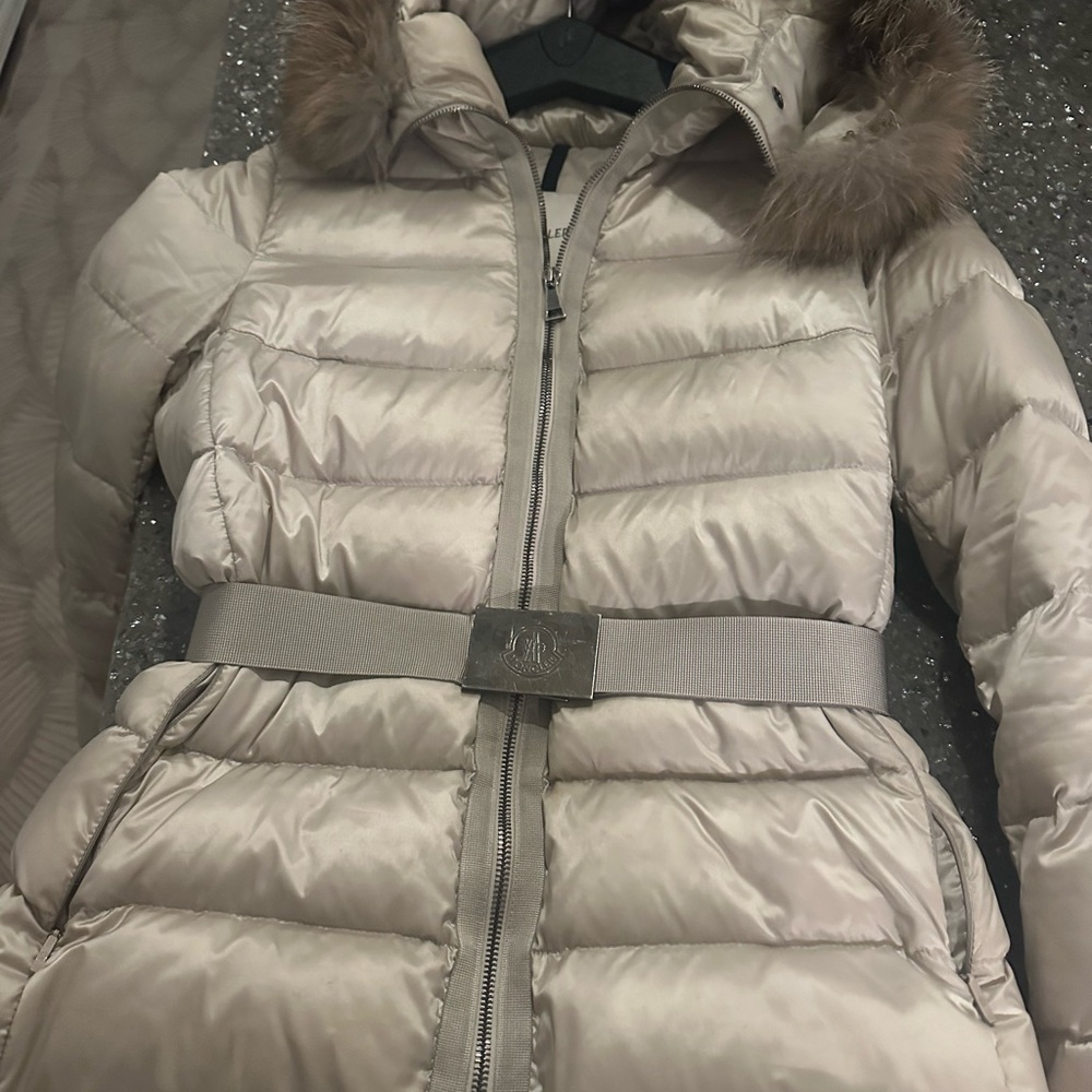 Moncler Cream Puffer Jacket with Fur Trim